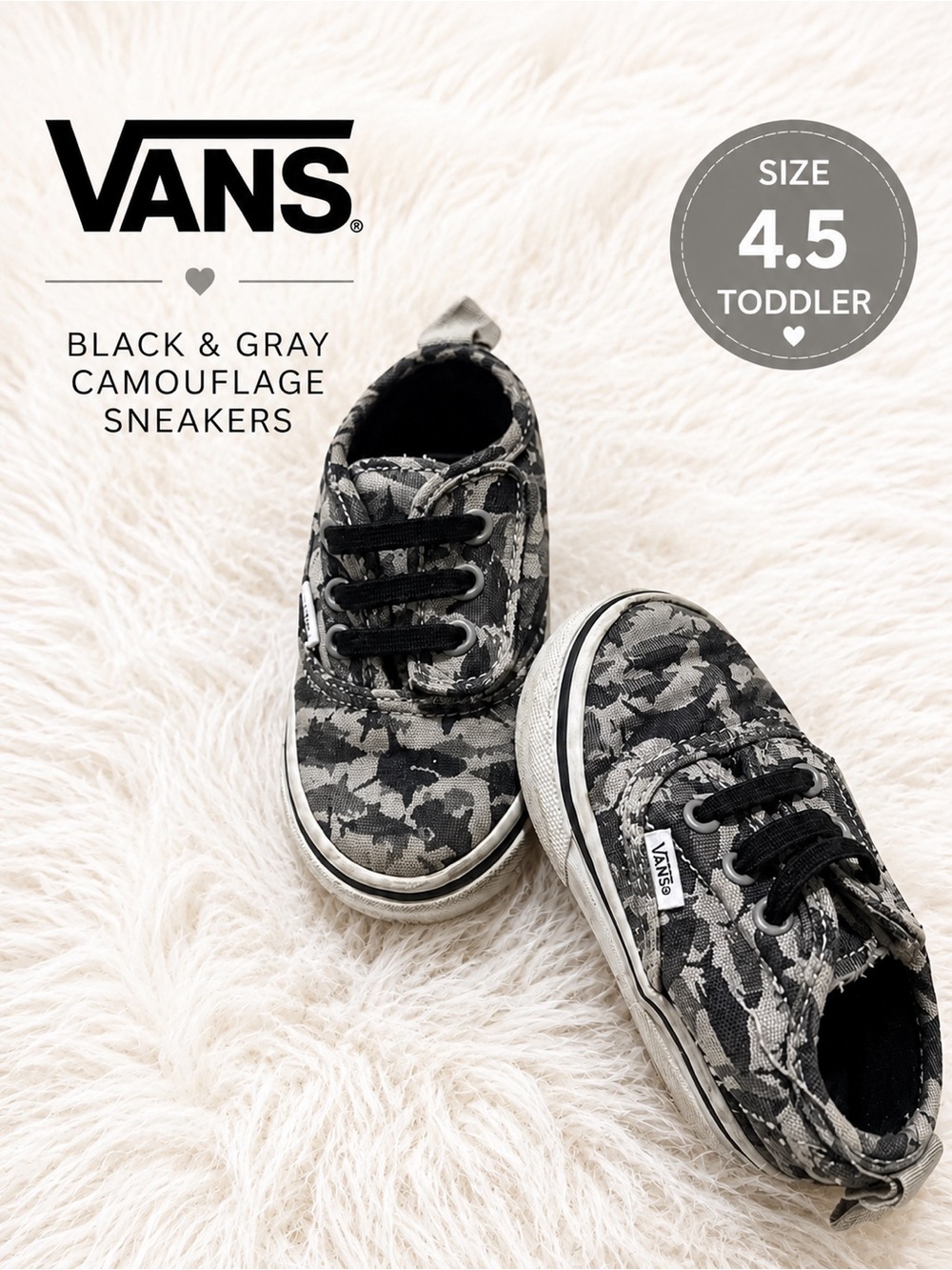 Vans Toddler Gray Black Camo Sneakers Shoes Size 4.5